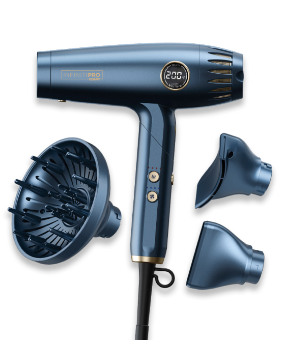 InfinitiPRO by Conair DigitalAire 2.0 hair dryer with concentrator, diffuser, and Frizz Defense® attachments.