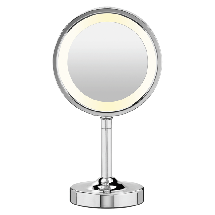 Double Sided Incandescent Lighted Vanity Makeup Mirror 1x 5x Magnification Polished Chrome